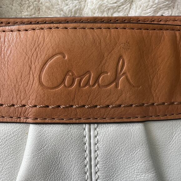 Coach F13782 White & Tan Leather Shoulder Bag Silver Buckles Classic Tote - Picture 4 of 14